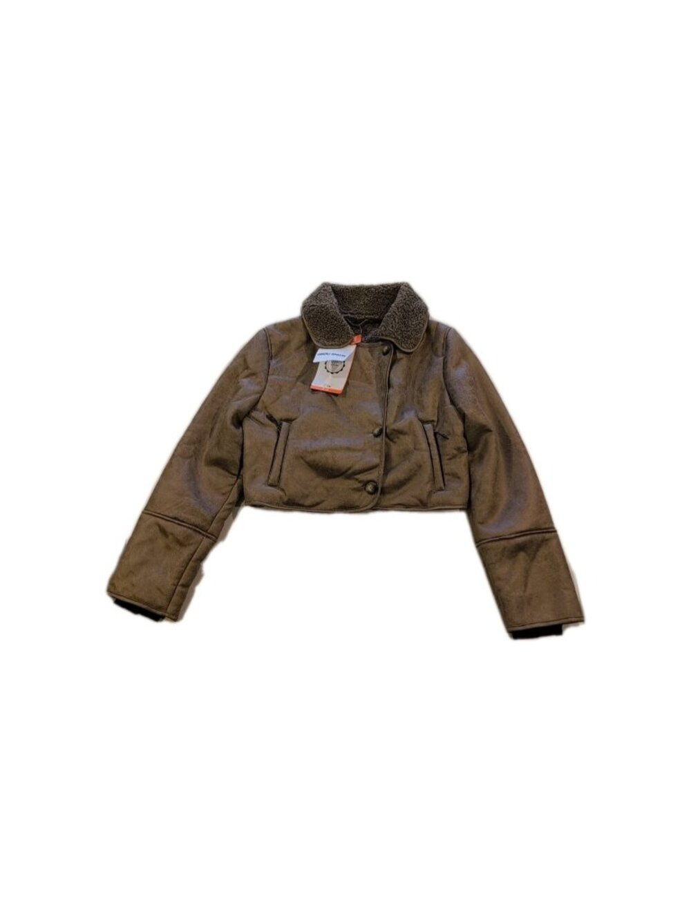 GSOU SNOW Jacket Womens L Brown Cropped Faux Leather Fur Aviator Bomber Collared